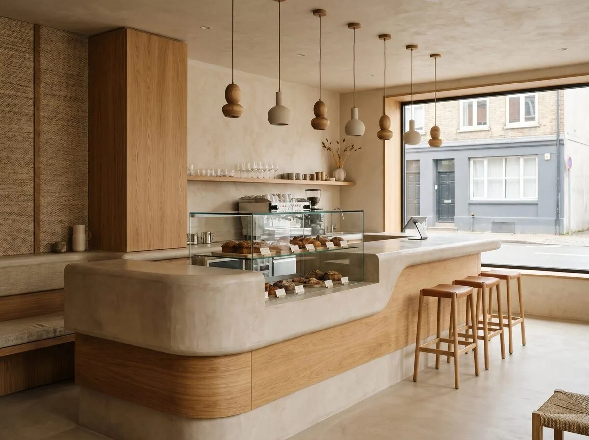 A finished BINA restaurant — seating, counters and lighting